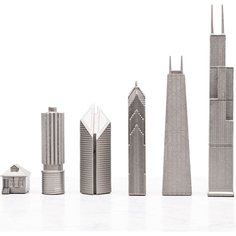 Chicago Edition Stainless Steel Chess Set with Marble Hatch Board - FAO Schwarz