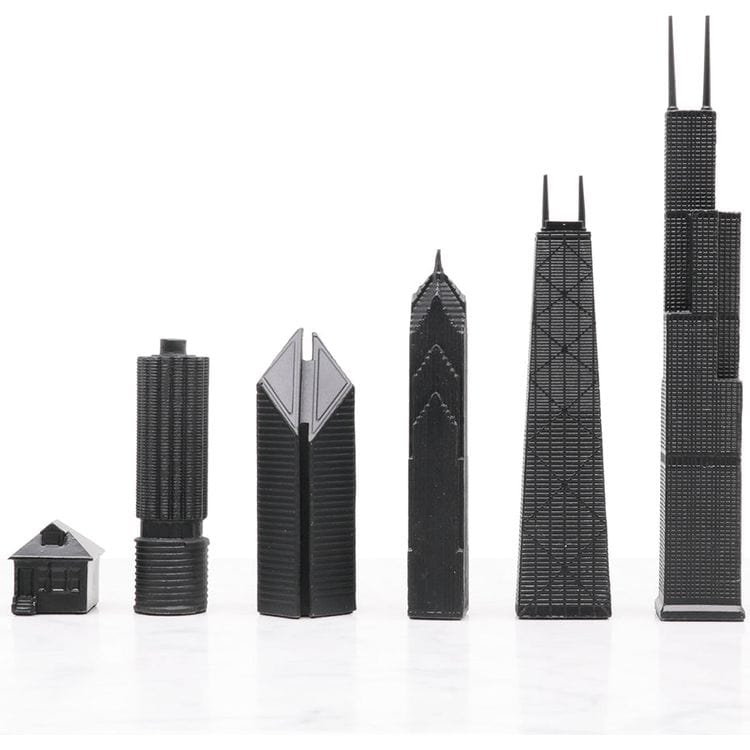 Chicago Edition Stainless Steel Chess Set with Marble Hatch Board - FAO Schwarz