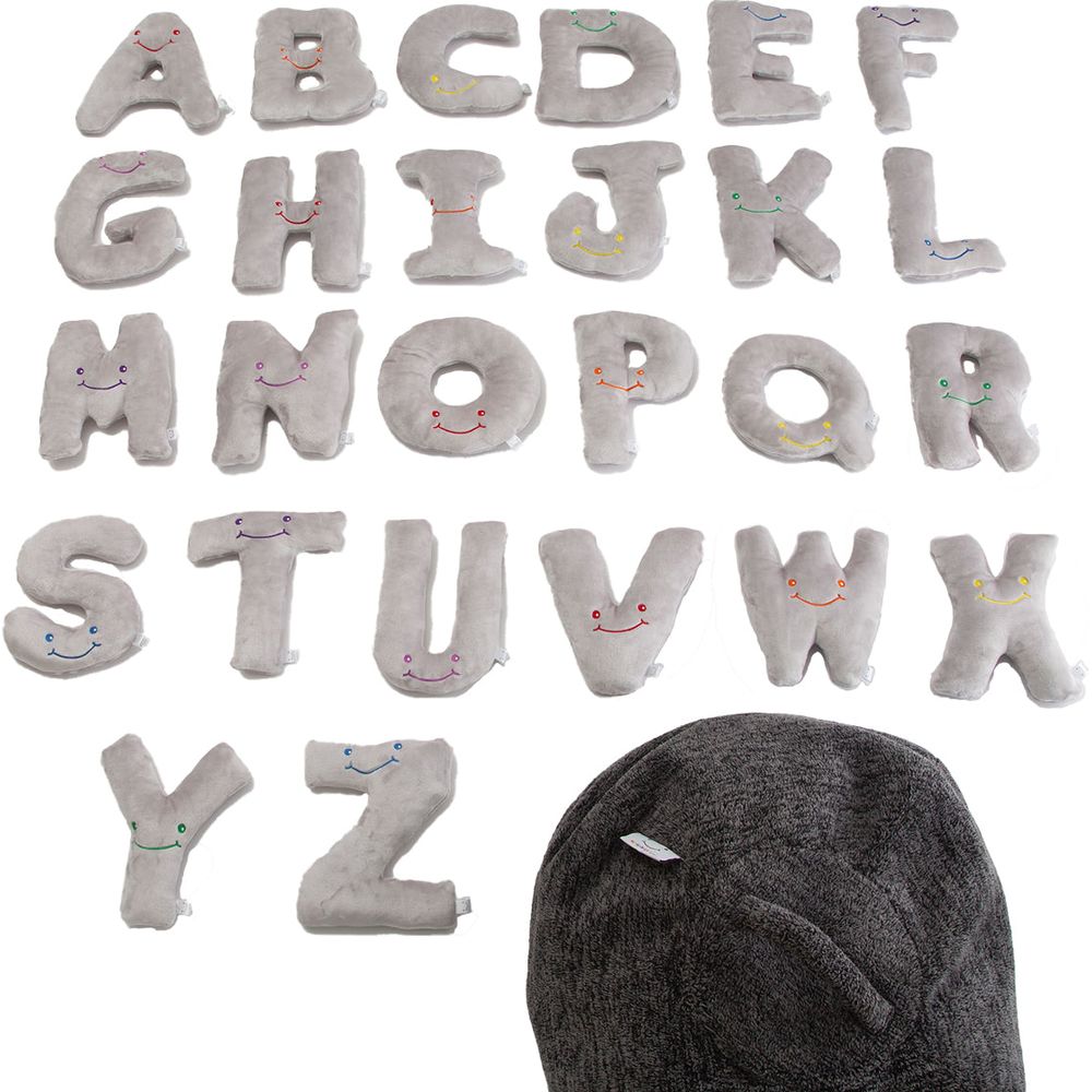 Alphabet Plush Mini Set – Dove Grey Letters with Dark Grey Bag - FAO Schwarz