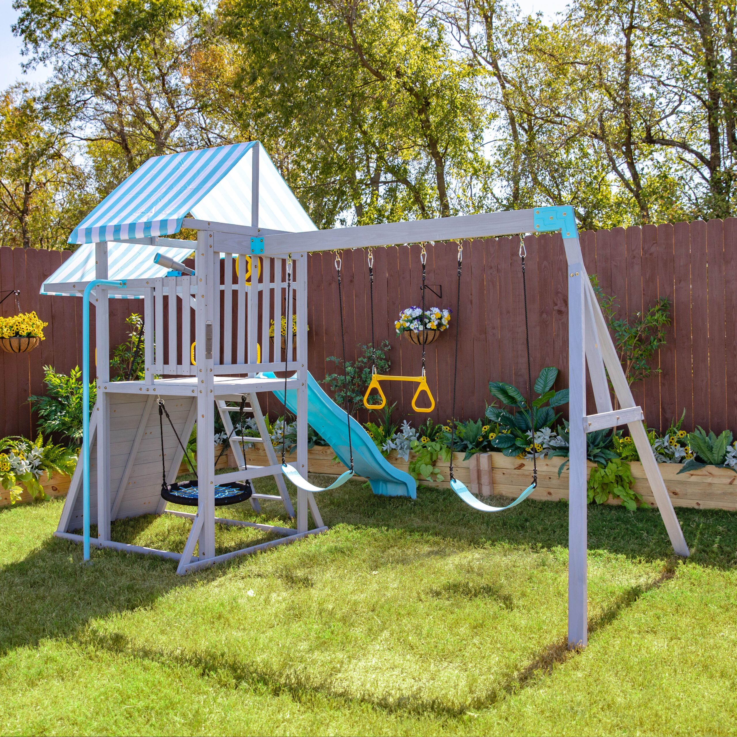 Laguna Wooden Swing Set with Slide & Rock Wall – Gray - FAO Schwarz