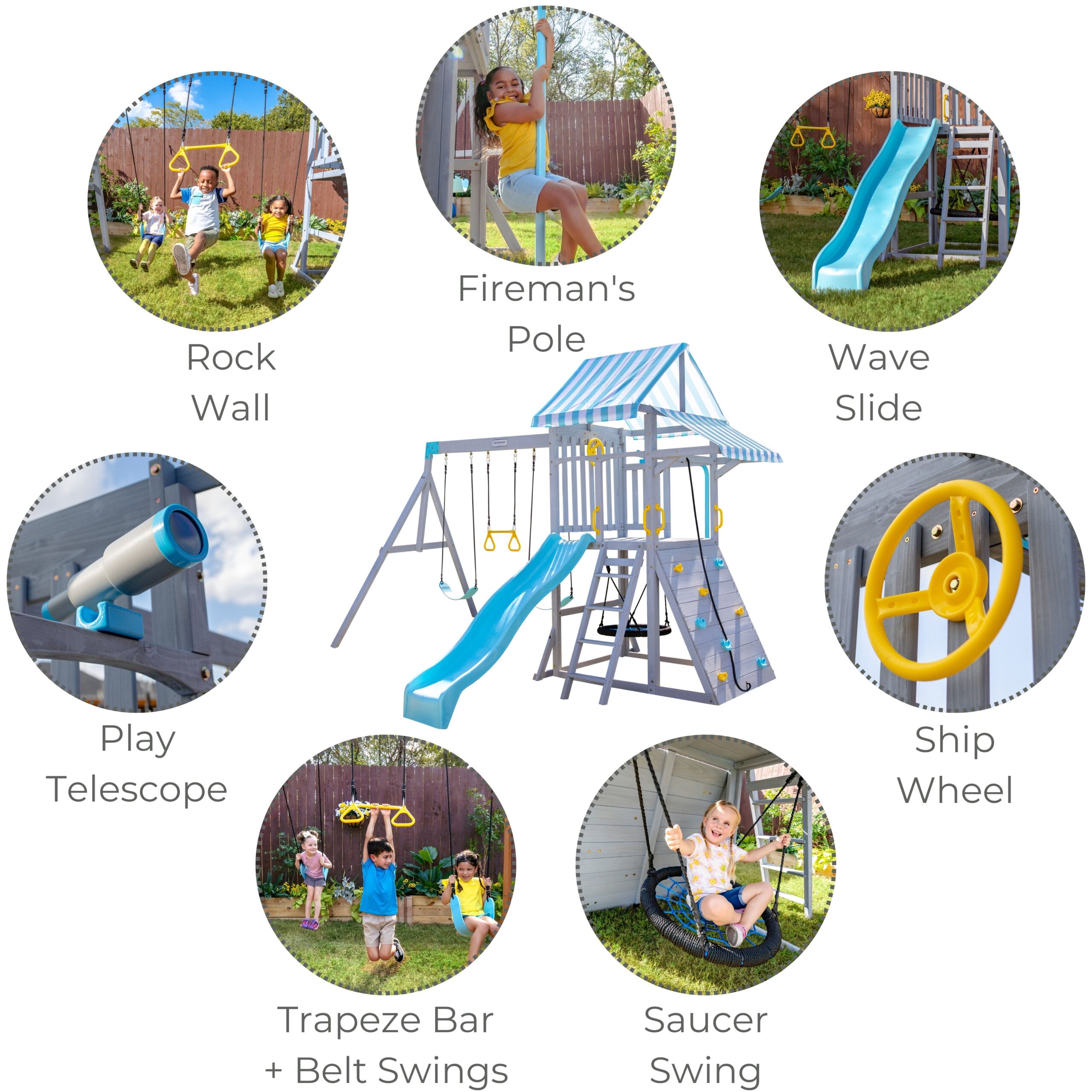 Laguna Wooden Swing Set with Slide & Rock Wall – Gray - FAO Schwarz