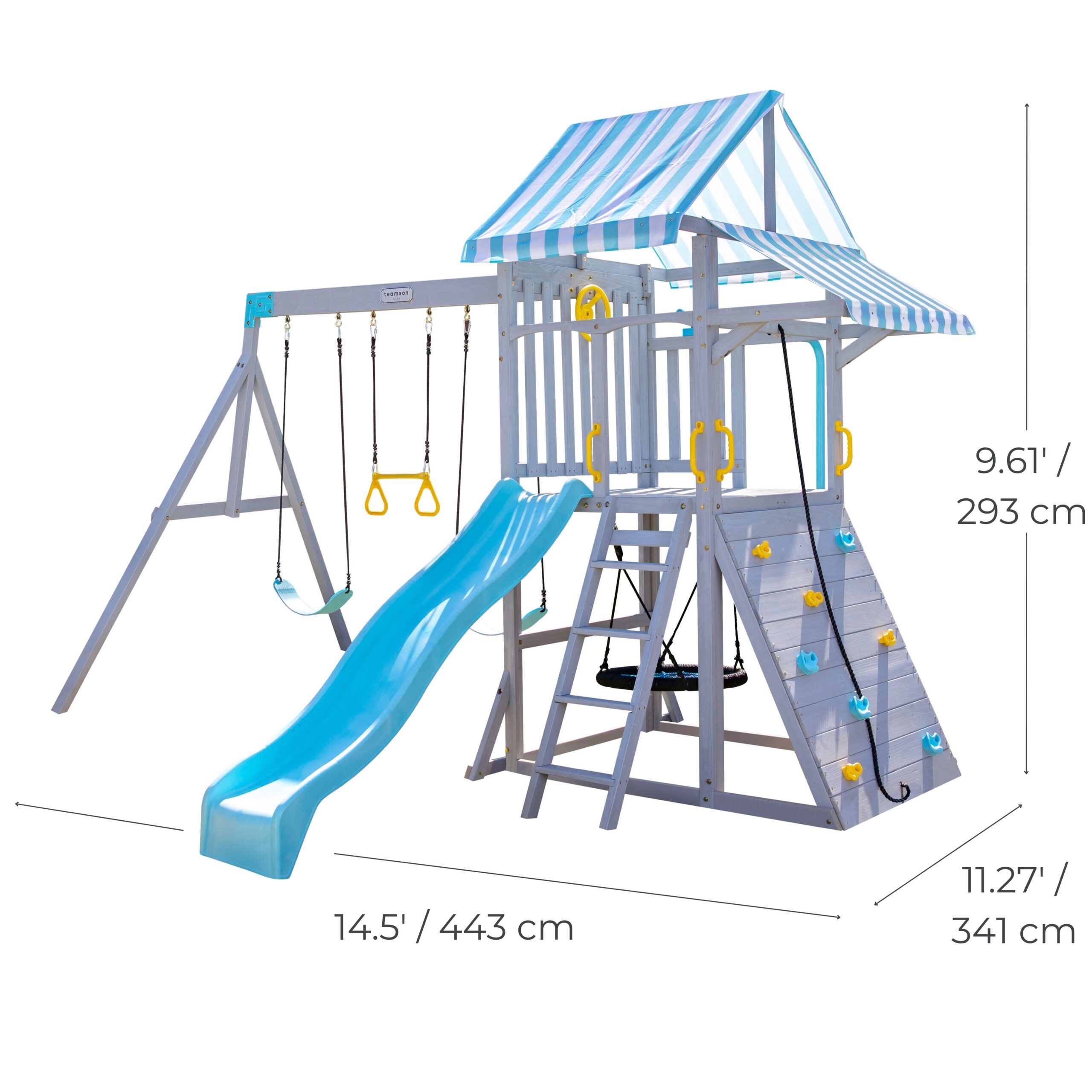 Laguna Wooden Swing Set with Slide & Rock Wall – Gray - FAO Schwarz