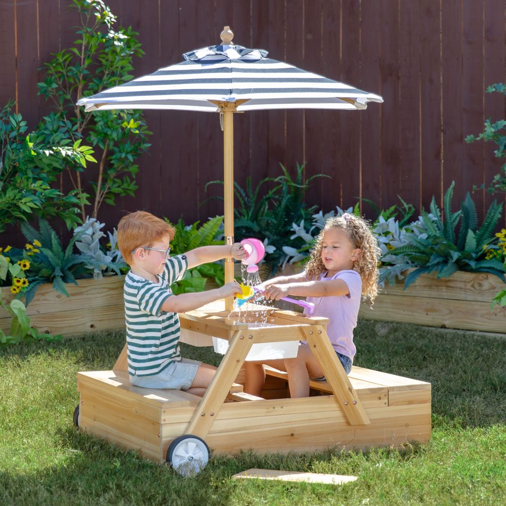 Sorrento Wooden 2-in-1 Picnic Table with Sandbox & Umbrella - FAO Schwarz